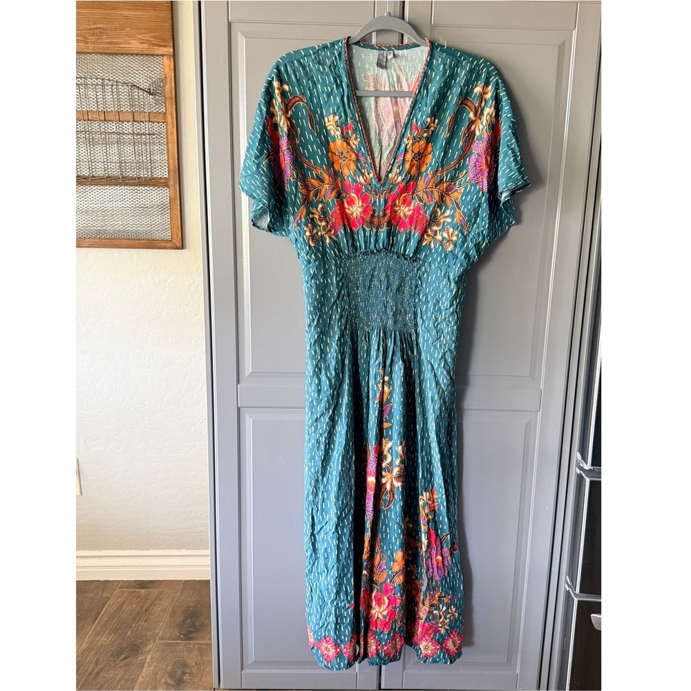 Blank London Anthropologie Boho Tatiana Floral Kaftan Midi Dress, Teal Pink, OS